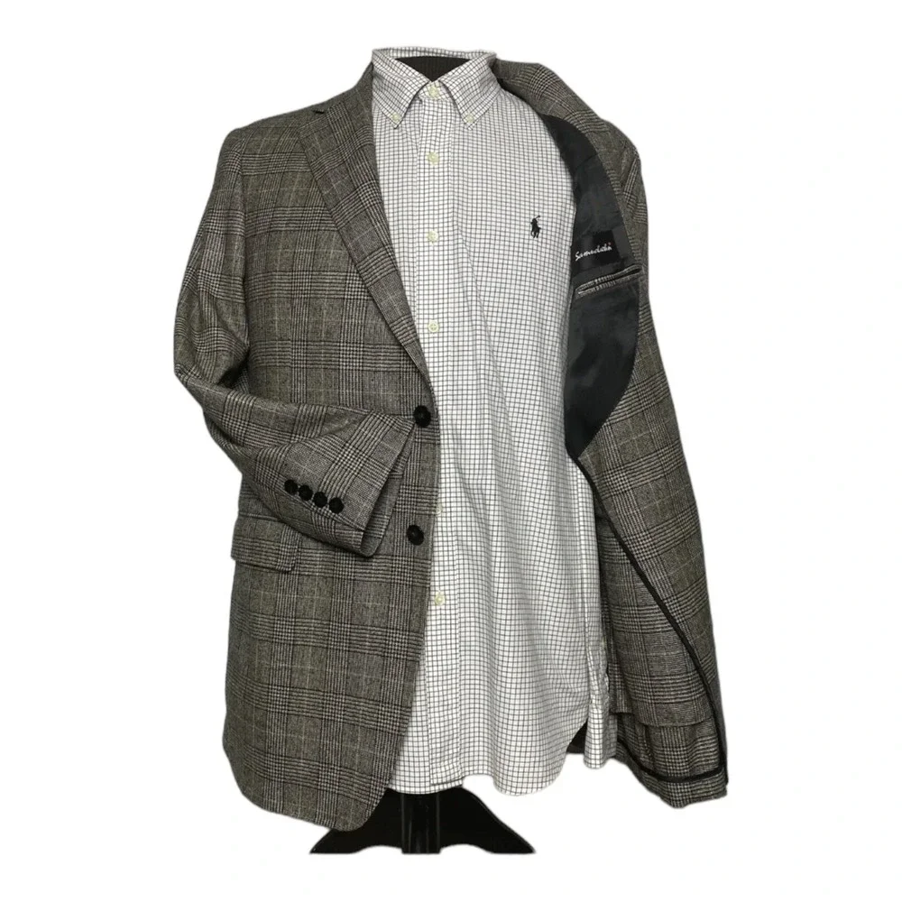 Samuelsohn Mens‎ Black & Tan Check Houndstooth Zealander Tweed Wool Blazer 42R